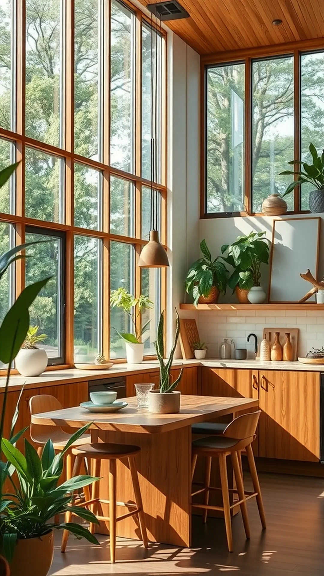 A bright kitchen featuring large windows allowing natural light to fill the space, with plants and wooden furniture.