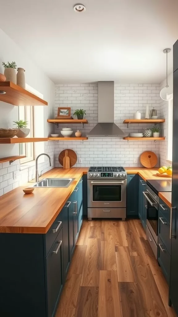 A modern kitchen featuring natural wood accents, including wooden countertops and open shelving, with a sleek design and warm atmosphere.