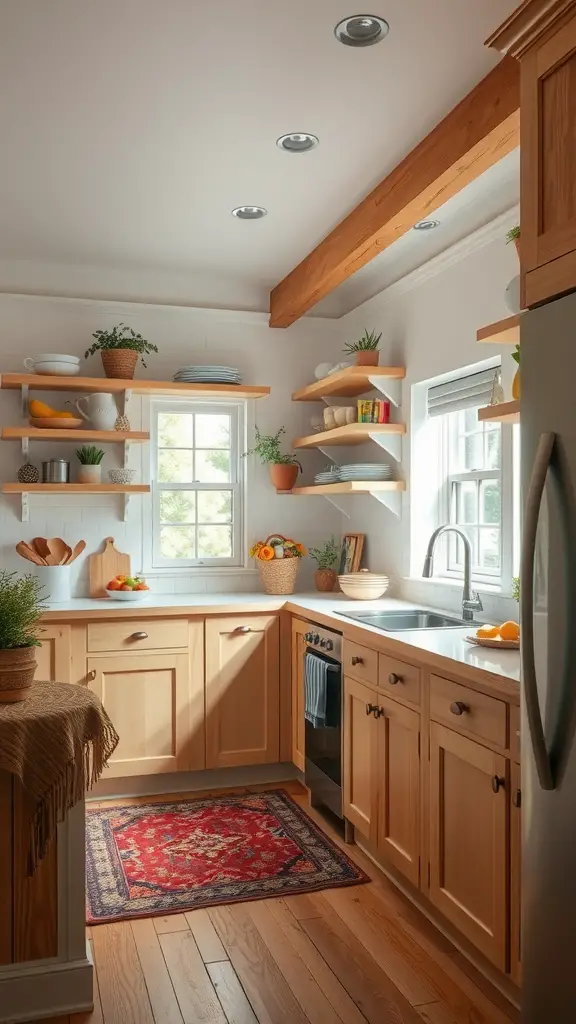 A cozy kitchen featuring natural wood cabinets, white countertops, and decorative plants.