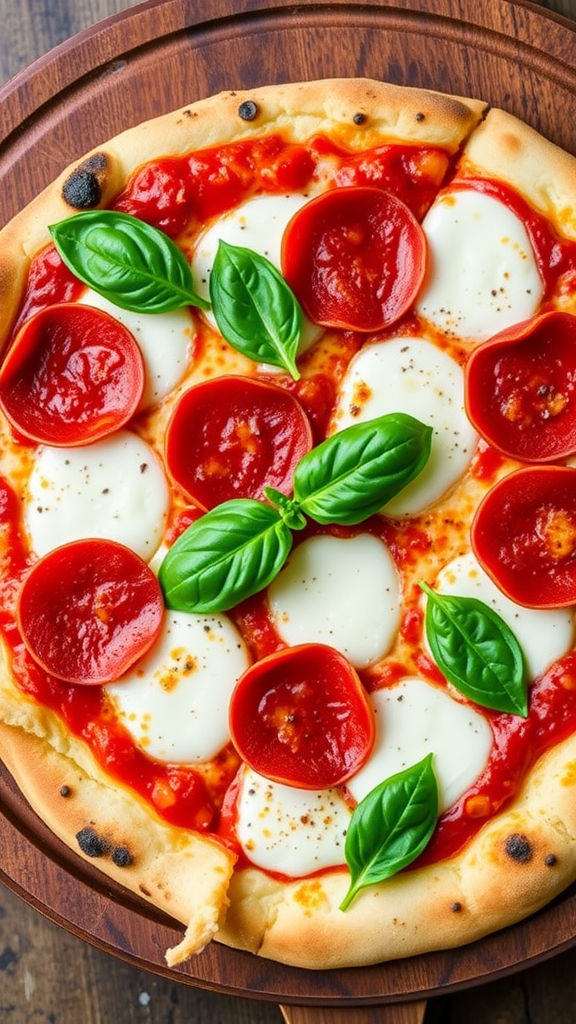 A delicious no-carb pizza topped with pepperoni, mozzarella, and fresh basil.