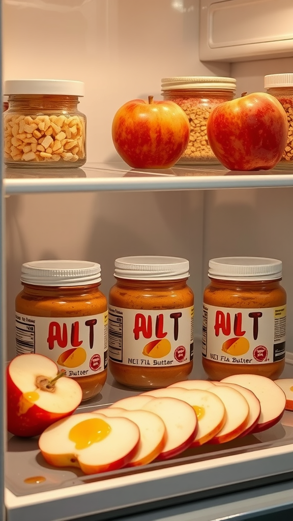 A fridge displaying jars of nut butter alongside apple slices and honey, creating a cozy and inviting snack scene.