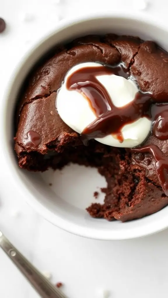 A chocolate brownie with a dollop of cream and chocolate sauce on top, served in a white bowl.