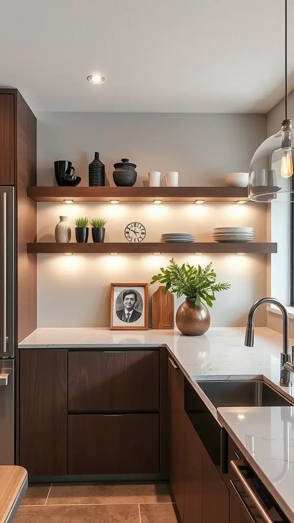 A kitchen with open shelves featuring integrated lighting, showcasing decorative items and plants.