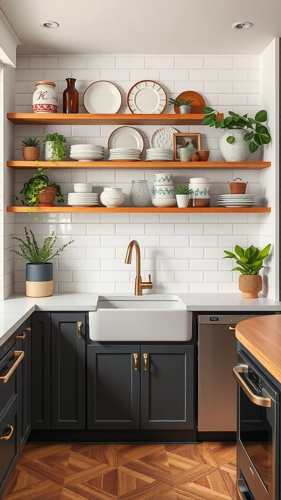 Kitchen with open shelving displaying plates and plants