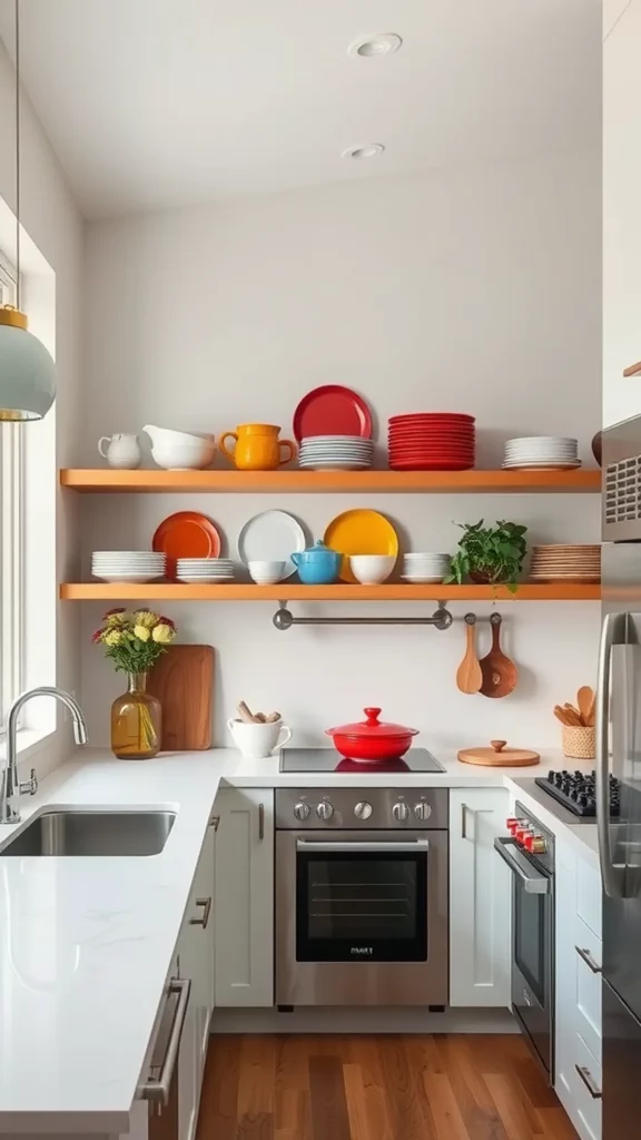 Bright kitchen with open shelving displaying colorful dishware.