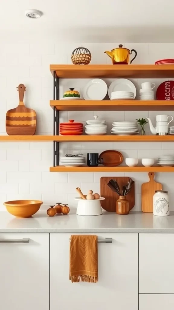 An open shelving kitchen displaying colorful dishes and decor items against a white backdrop.