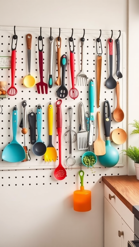 Colorful kitchen utensils organized on a pegboard