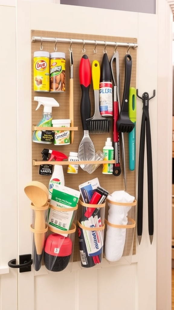 A door-mounted organizer with various kitchen and cleaning supplies neatly arranged.