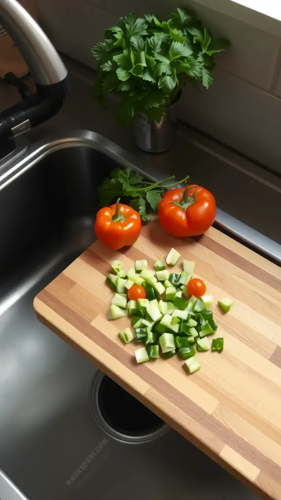 Chopped vegetables on an over-the-sink cutting board next to a sink and fresh herbs.