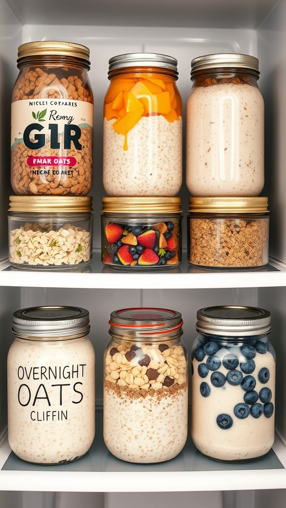 An organized display of overnight oats in jars, featuring various flavors and fresh fruits.