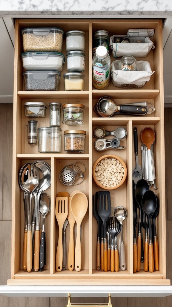 An organized pantry drawer with various containers and utensils neatly arranged.