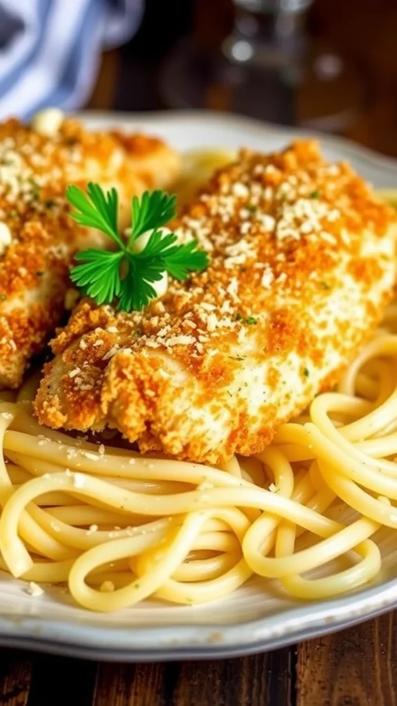 A plate of Parmesan-crusted chicken served over Alfredo pasta, garnished with parsley.