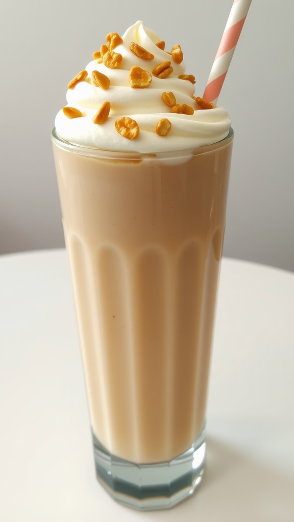 A delicious peanut butter banana smoothie topped with whipped cream and crunchy toppings.