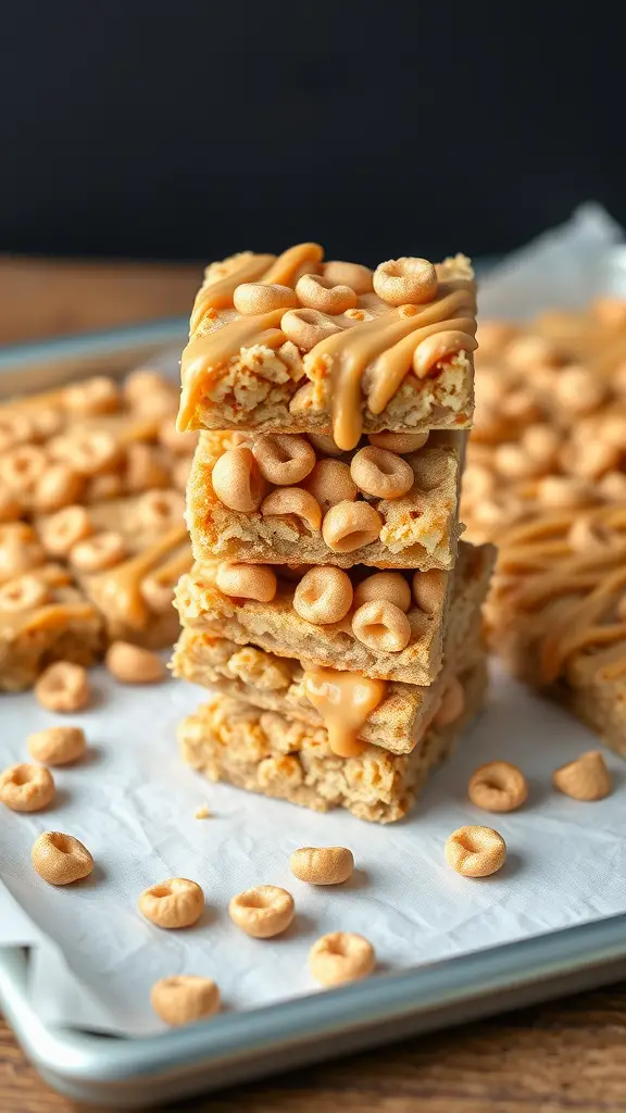 Stack of Peanut Butter Cheerio Bars with Cheerios scattered around