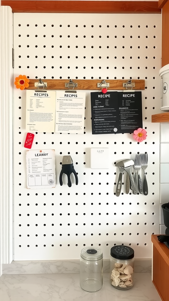 A pegboard displaying recipes with clips, flowers, and kitchen utensils.