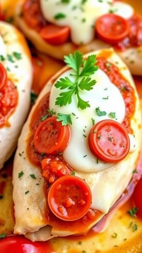 Pizza stuffed chicken topped with cheese, pepperoni, and parsley.