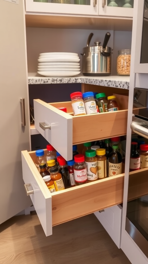 Organized kitchen drawers filled with various spices and condiments