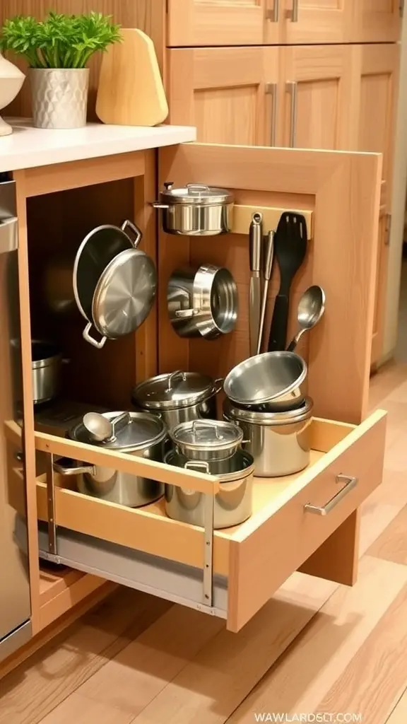 A kitchen cabinet with pull-out shelves containing various pots, pans, and kitchen utensils.