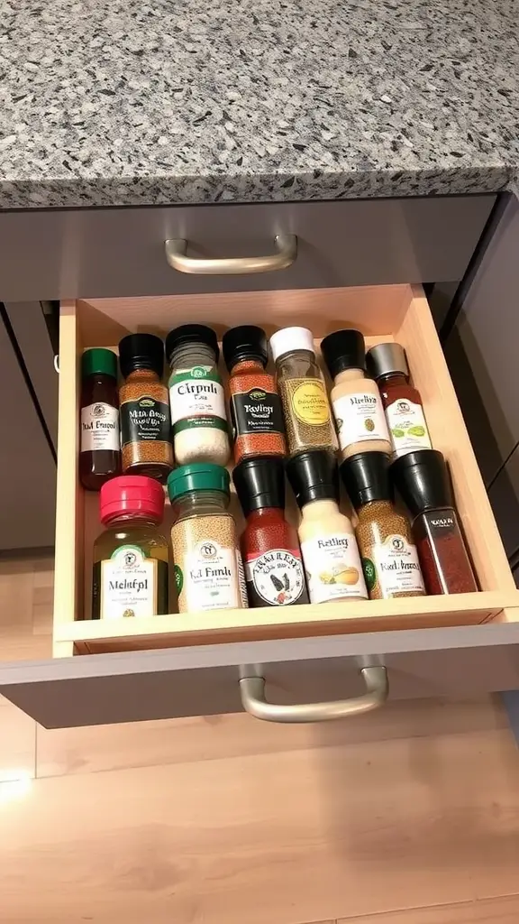 A neatly organized pull-out spice rack filled with various spice jars.