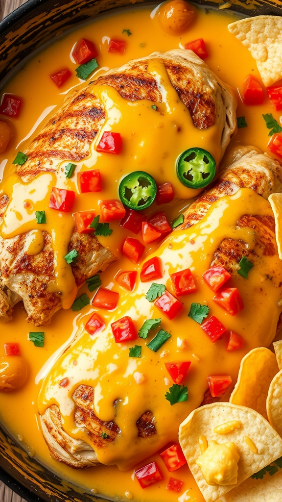 A close-up of queso chicken with melted cheese, diced tomatoes, and jalapeños.