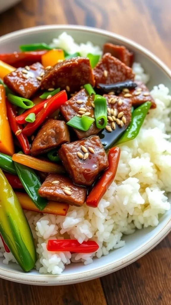 A vibrant bowl of beef stir-fry with colorful vegetables over rice.