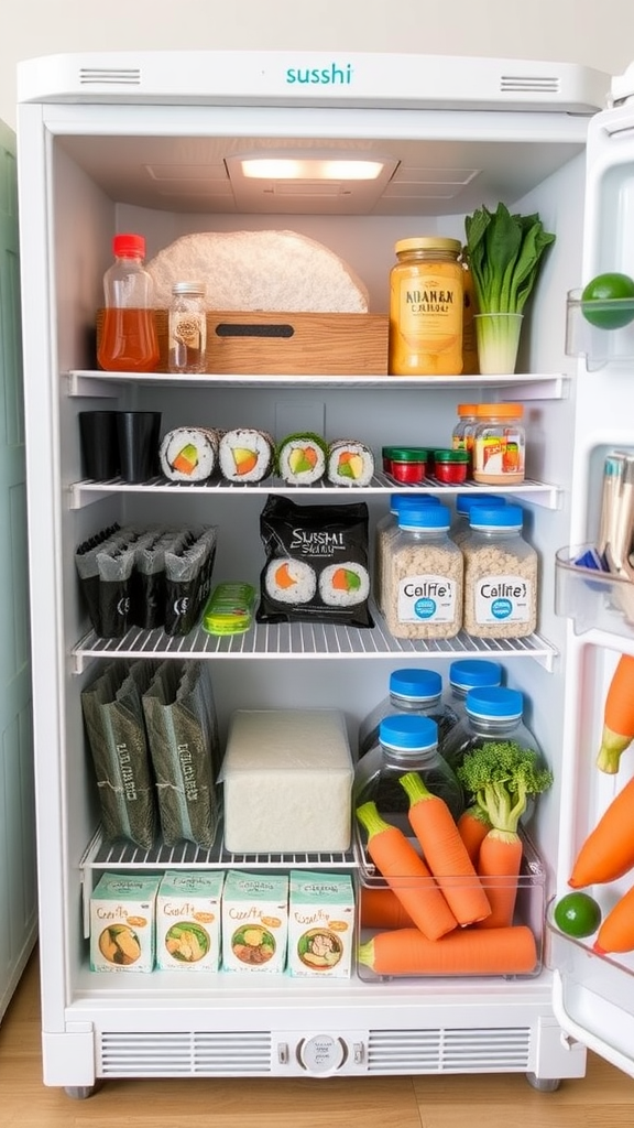 A well-organized fridge showcasing a sushi roll kit with sauces, fresh vegetables, and sushi ingredients.