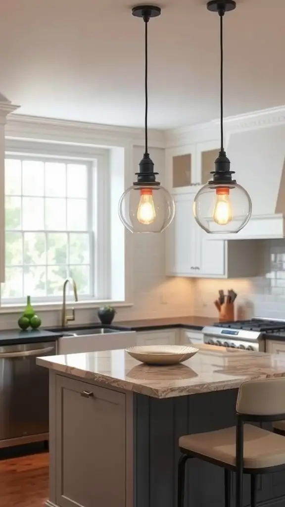 Stylish kitchen with two pendant lights above an island