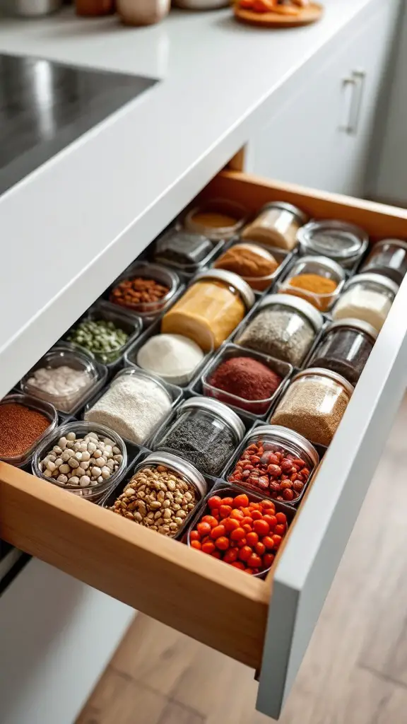 Organized kitchen drawer with jars of spices and ingredients