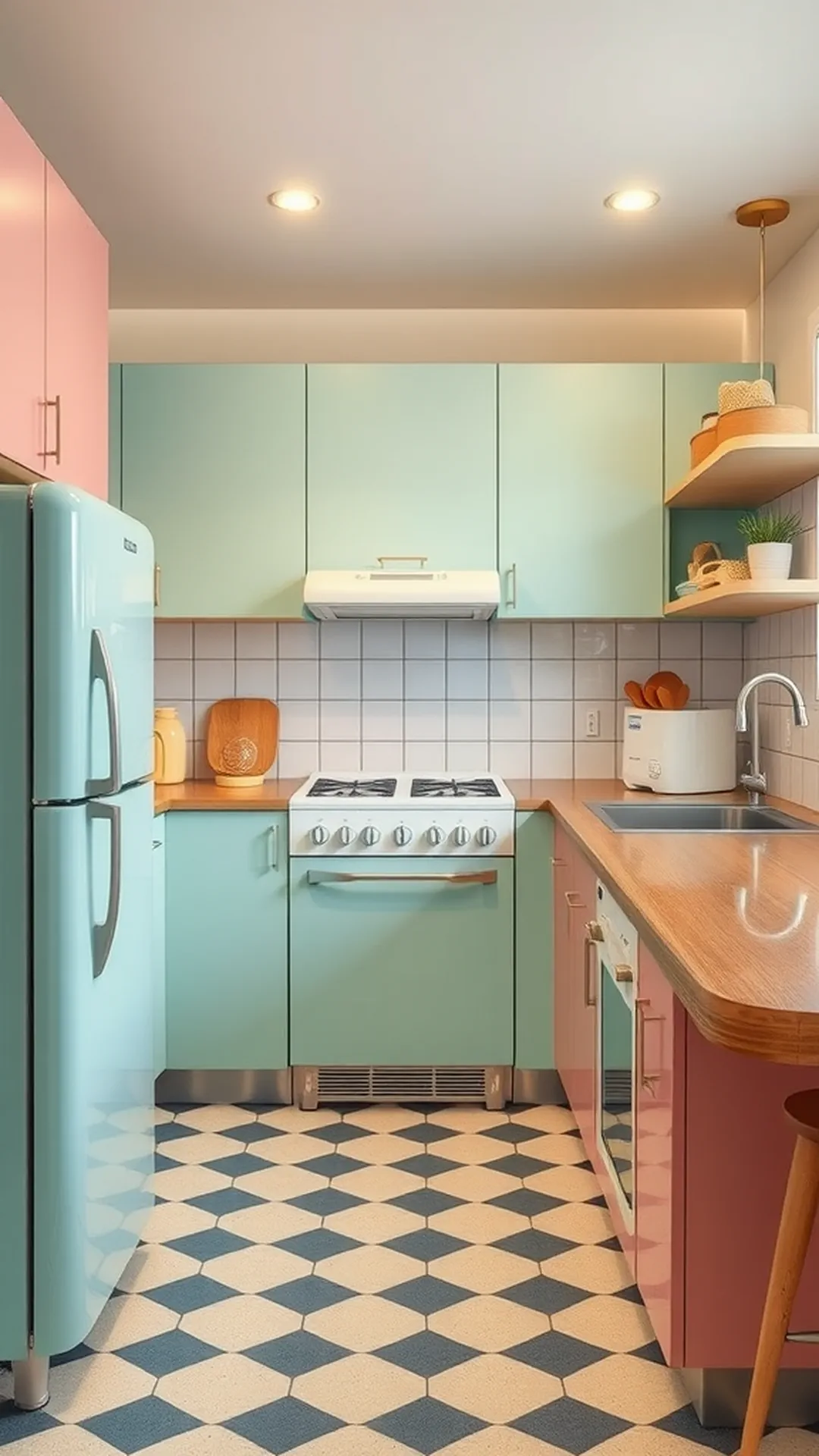 Colorful retro-inspired kitchen with mint green refrigerator, pink and blue cabinets, and patterned floor.