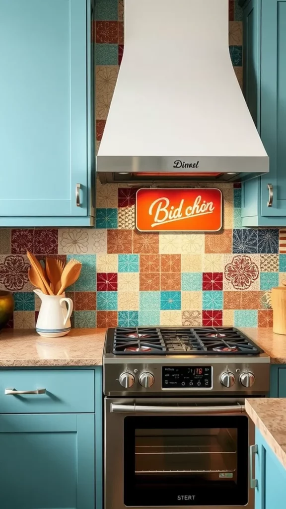 A colorful retro-inspired backsplash in a kitchen with light blue cabinets and a modern range.