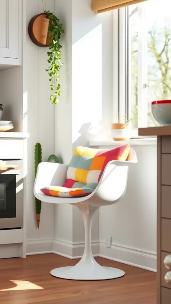 A Retro Tulip Chair with a colorful cushion sits in a sunlit kitchen corner, surrounded by plants and modern decor.