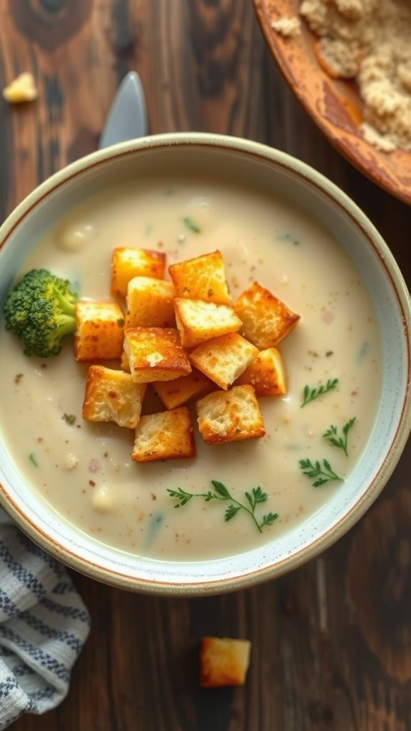 A bowl of creamy roasted broccoli soup topped with cheddar croutons and fresh herbs.