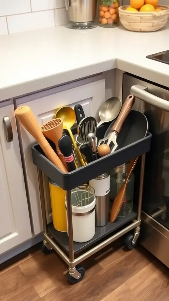 A rolling drawer caddy with various kitchen utensils in a modern kitchen setting.