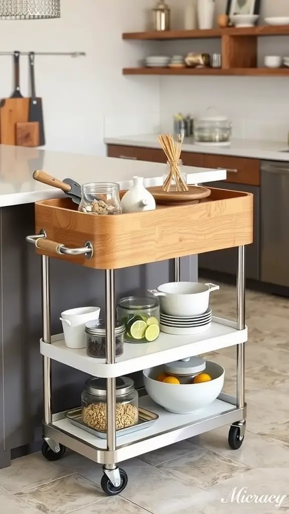 A stylish rolling kitchen cart with wooden top and metal frame, featuring storage jars and bowls