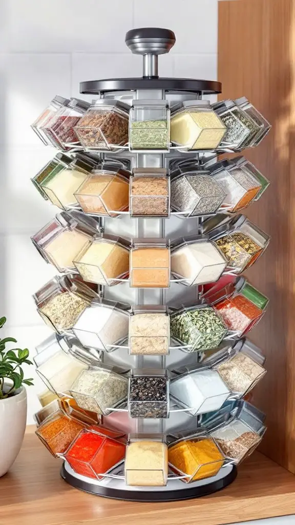 A rotating carousel spice rack filled with various spice containers arranged in a compact design.