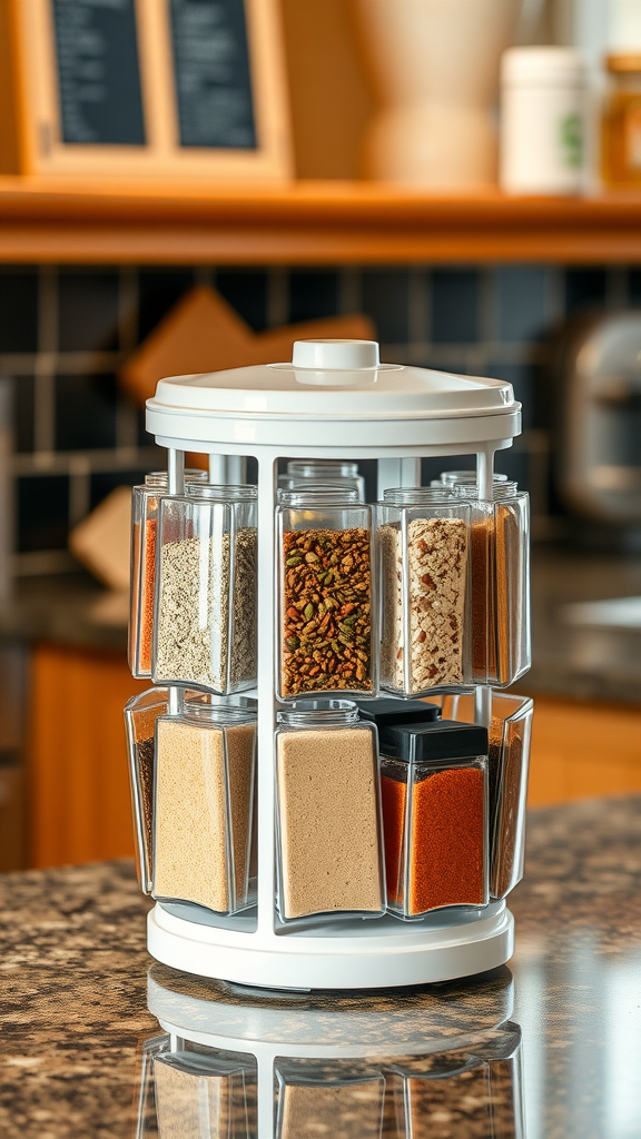 A modern rotating spice rack with various spices on a kitchen countertop.