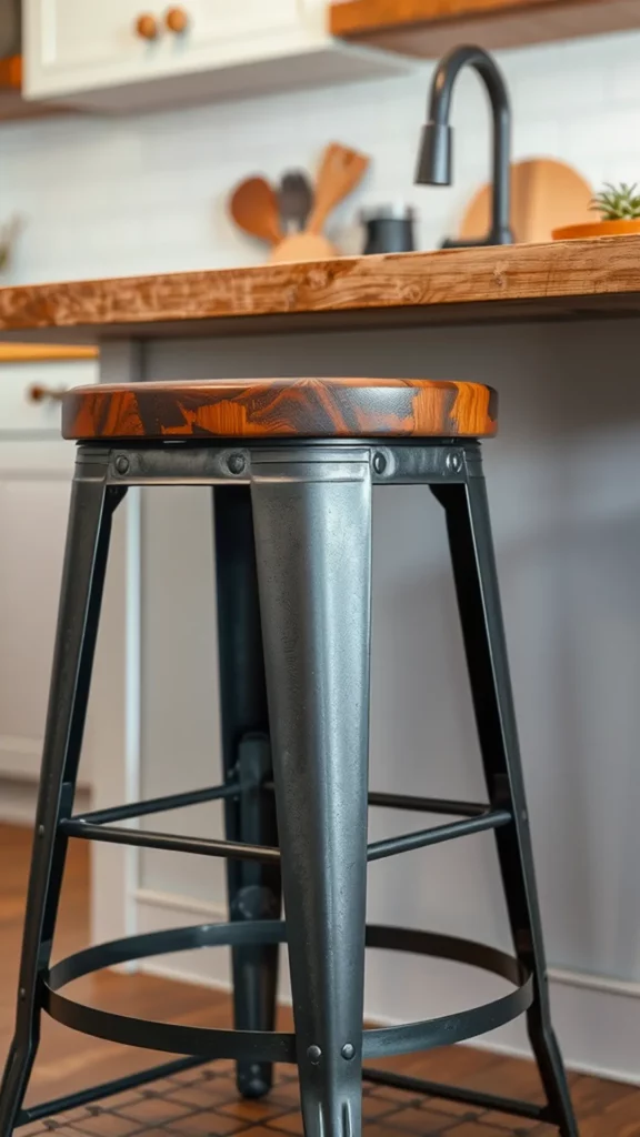 A rustic industrial stool with a wooden seat and metal base in a cozy kitchen setting