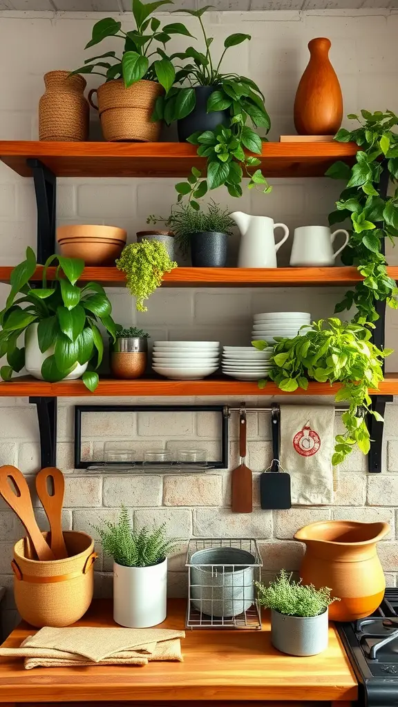 Rustic wooden shelves adorned with various green plants, ceramic pots, and kitchenware.