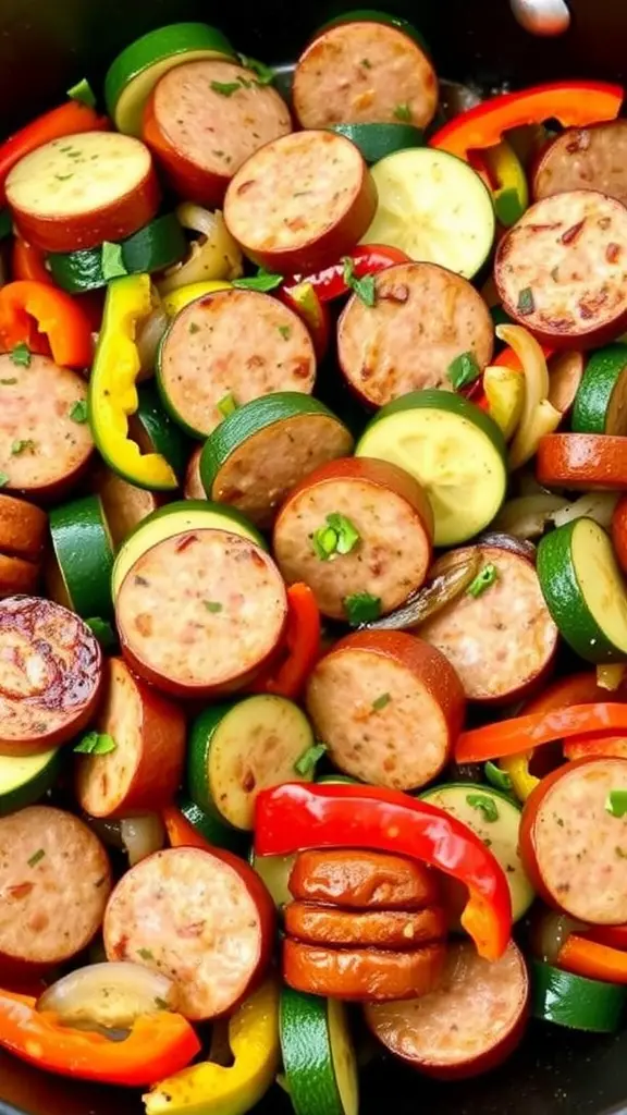 A skillet filled with sliced sausage and various colorful vegetables.