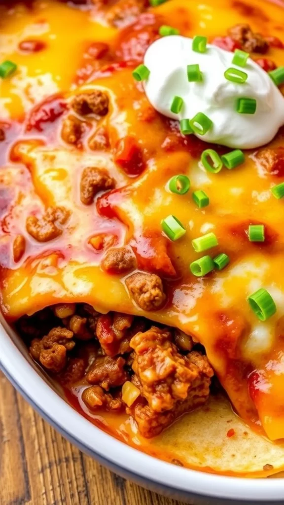 Close-up of a savory beef enchilada casserole topped with cheese, sour cream, and green onions.