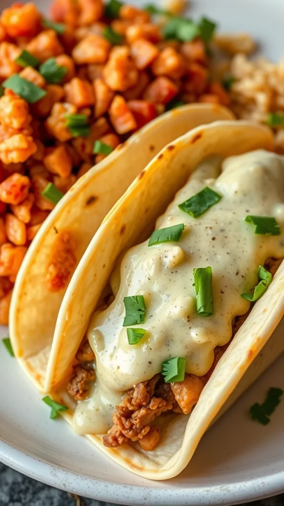 Delicious beef enchiladas with poblano cream sauce on a plate