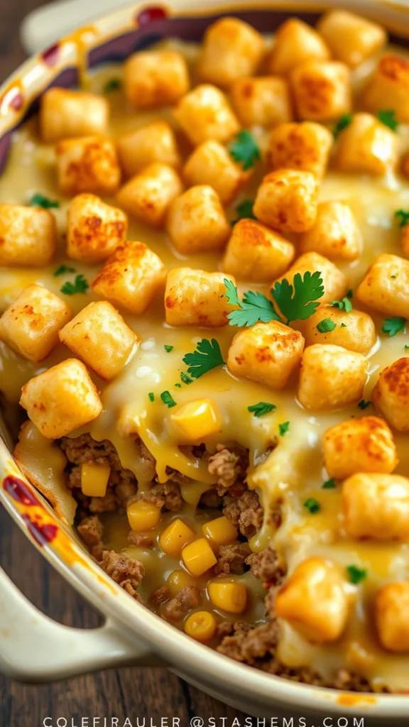 A delicious looking cowboy casserole topped with golden tater tots and garnished with fresh herbs.