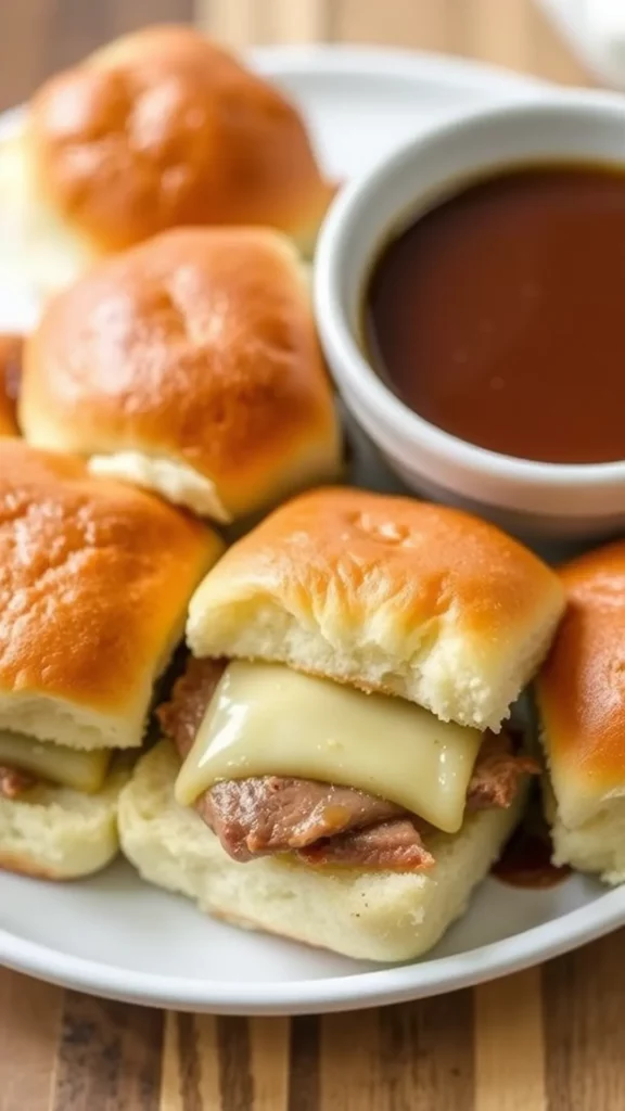 A plate of savory French dip sliders with a side of dipping sauce