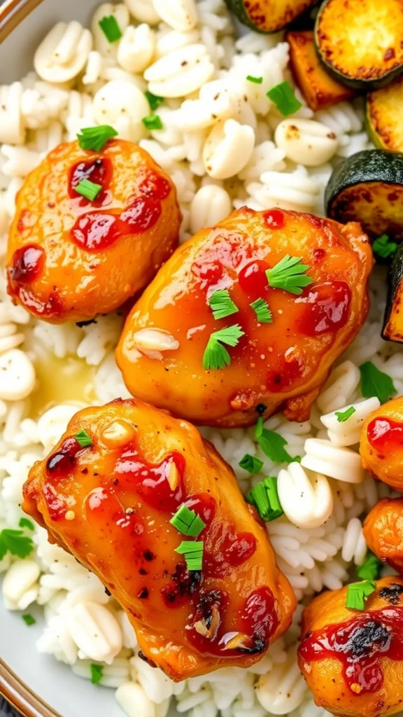 Delicious garlic butter chicken bites served on a bed of rice with garnishes