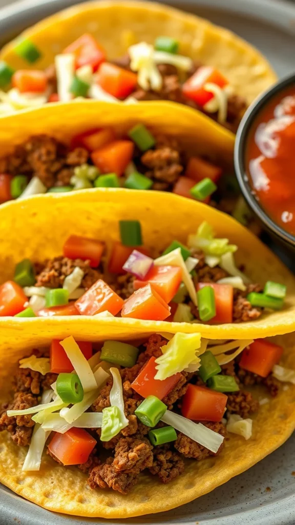 Three savory ground beef tacos with fresh toppings, served with salsa.