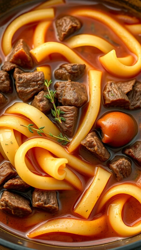 A close-up of savory beef and noodles in a rich sauce with herbs.