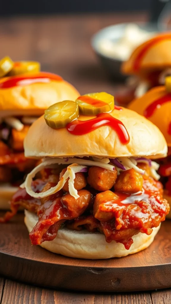 Delicious pulled BBQ chicken sliders with pickles and sauce on a wooden platter.