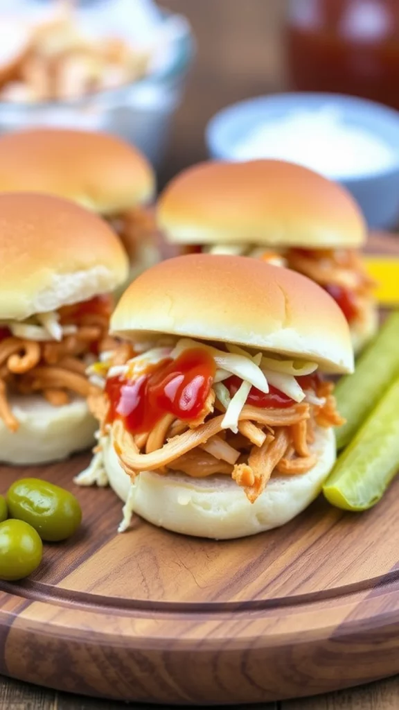 A plate of savory rotisserie chicken sliders topped with cole slaw and ketchup, served with pickles and olives.