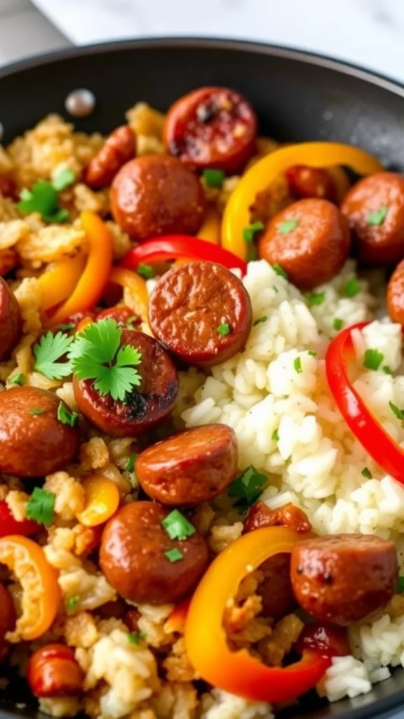 A close-up of a skillet filled with sausage, rice, and colorful peppers.