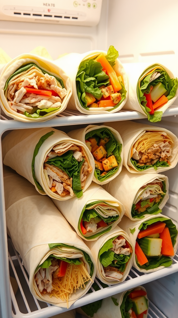 A variety of savory snack wraps neatly packed in a refrigerator.